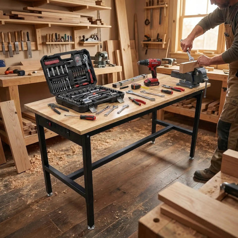 Badass 70 Inch Adjustable Workbench Featuring Rock Solid 2500 Pound Steel Frame And Built In Rolling Cabinet Storage, tools visible.