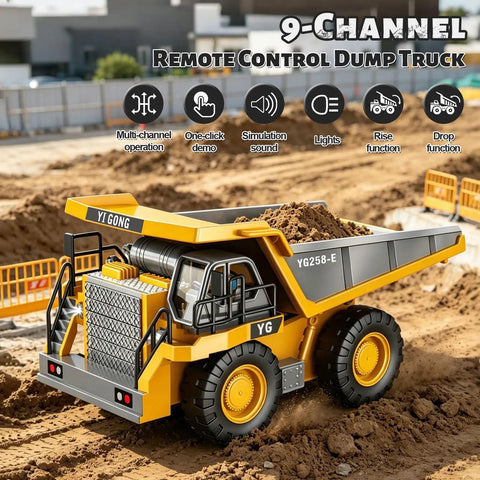 9-channel RC dump truck from 4 In 1 Remote Control Construction Vehicle Set with sand load, metal build, outdoor play