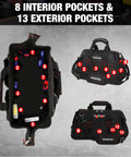 16 Inch Close Top Wide Mouth Tool Storage Bag With Waterproof Rubber Base, showing interior and exterior pockets
