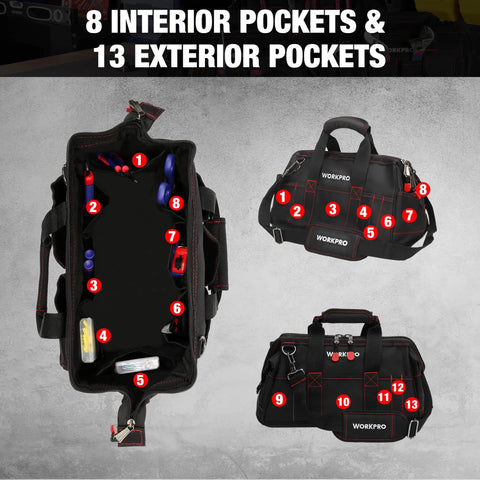 16 Inch Close Top Wide Mouth Tool Storage Bag With Waterproof Rubber Base, showing interior and exterior pockets