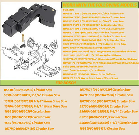 Heavy Duty Trigger Switch Replacement for Worm Drive Electric Saw and Power Tools displayed with compatible models and assembly details.