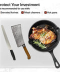 Pro Grade Commercial Plastic Cutting Board With Large 18 By 12 By Half Inch Thick White Poly Surface with negative use examples: serrated knife, meat cleaver, hot pan