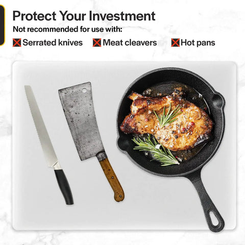 Pro Grade Commercial Plastic Cutting Board With Large 18 By 12 By Half Inch Thick White Poly Surface with negative use examples: serrated knife, meat cleaver, hot pan