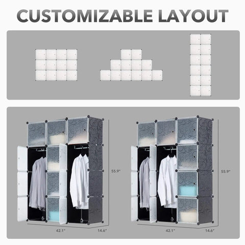 Modular Wardrobe Closet System With Portable Clothes Rack And Dresser, 12 Cube Cubby Storage Organizer, DIY Cabinet, Layout Options