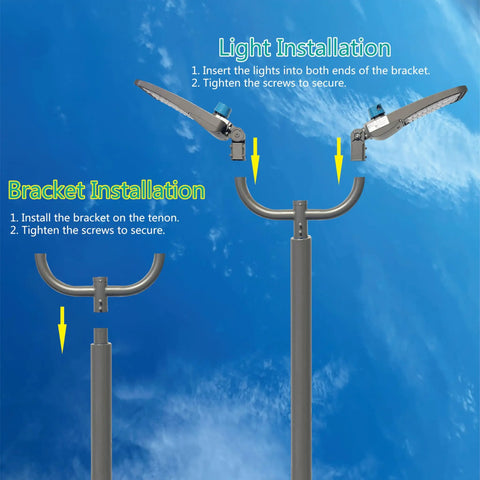 Installation steps for Two Light Bullhorn Mount Bracket For 2 3/8 Inch Slip Fitter Fits LED Street Lights And Parking Lot Lights.
