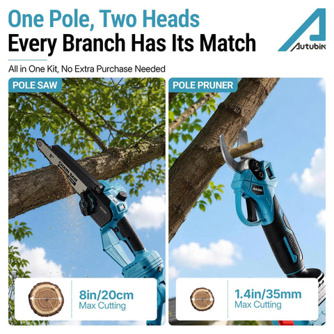 4 In 1 Cordless Pole Saw And Precision Pruner Combo 16 Foot Telescopic Reach showing 8 inch pole saw and pruner for high branches.