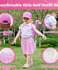 Slick Toddler Golf Club Set For Girls Ages Two To Four With Rad Breathable Outfit and Adjustable Hat Plus Lightweight Portable Cart for Fun Backyard Play, featuring size-adjustable hat and breathable fabric.