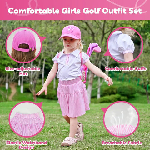 Slick Toddler Golf Club Set For Girls Ages Two To Four With Rad Breathable Outfit and Adjustable Hat Plus Lightweight Portable Cart for Fun Backyard Play, featuring size-adjustable hat and breathable fabric.
