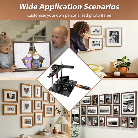 Hand Operated Picture Frame Stapler Kit For Easy Framing No Power Needed Frame Joiner Jig Tools With V-Shaped Nails, Adjustable Corner Clamp, Seamless Assembly, Pro Grade, Durable And Budget Friendly showing framed wall displays