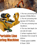Portable line boring machine in yellow with black motor, dual steel rails and cables