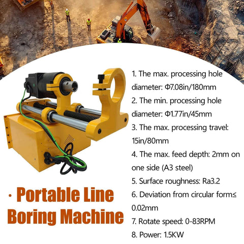 Portable line boring machine in yellow with black motor, dual steel rails and cables