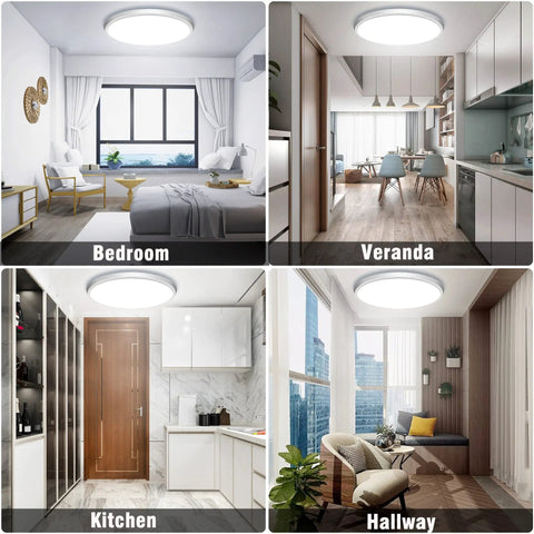 Motion Sensor LED Ceiling Light 12 Inch Flush Mount 24W Daylight Sensor in various rooms like bedroom, veranda, kitchen, hallway