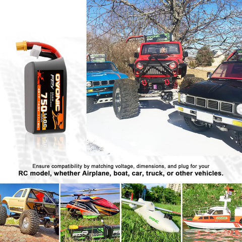 Two Battery Pack 750mAh 14 8V LiPo Battery 4S 110C With XT30 Plug displayed with RC vehicles