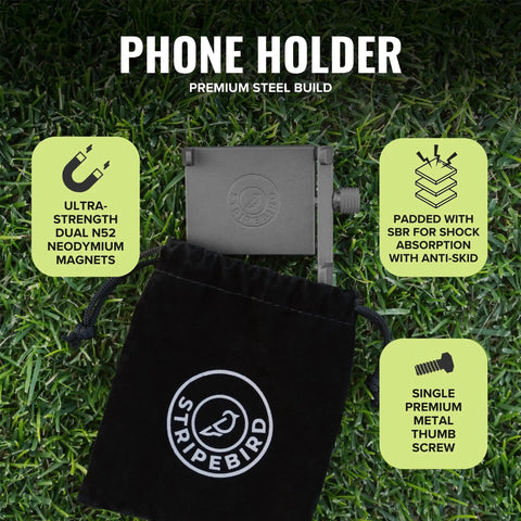 Magnetic Golf Cart Phone Holder with ultra-strength N52 magnets, premium steel build, and Stripebird bag on grass background.