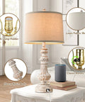 Vintage Vibe Table Lamps Set Of 2 With USB Ports And E26 Base, 28 Inches Tall Resin Bedside Lamps With Rotary Switch, Linen Drum Shade