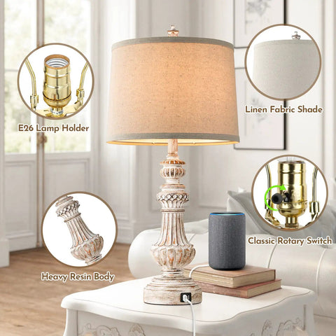 Vintage Vibe Table Lamps Set Of 2 With USB Ports And E26 Base, 28 Inches Tall Resin Bedside Lamps With Rotary Switch, Linen Drum Shade