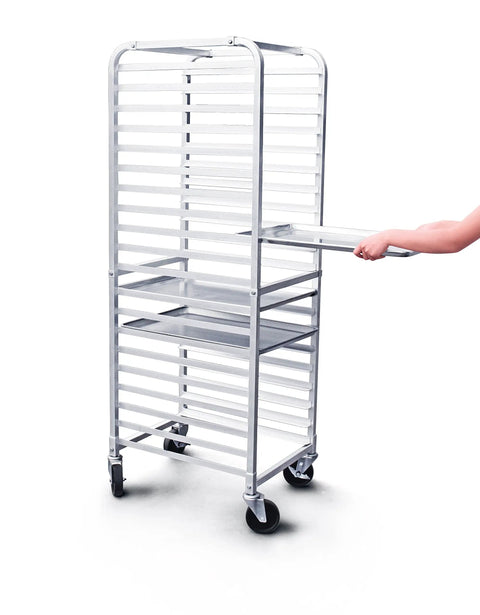 No Sweat Commercial Aluminum Sheet Pan Rack, Heavy Duty 20 Tier Bun Pan Organizer With Glide Ease End Load Slides And Locking Brake Wheels For Fast Paced Kitchen Crews Now