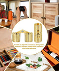 Hidden Brass Barrel Hinges For Wooden Boxes, 180 Degree Opening, shown on cabinet, craft box, and wine storage