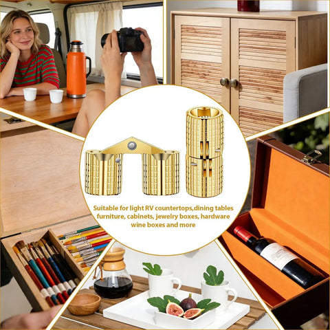 Hidden Brass Barrel Hinges For Wooden Boxes, 180 Degree Opening, shown on cabinet, craft box, and wine storage