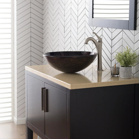 Round Copper Brown Glass Vessel Sink For Bathroom Sixteen And A Half Inch Above Counter Design on modern vanity