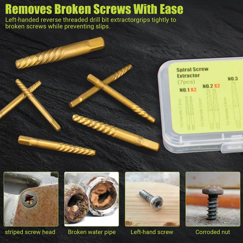 Damaged Screw Extractor Set, 7 Piece Easy Out Bolt Extractor Kit with labeled sizes, CR MO Steel, on black background