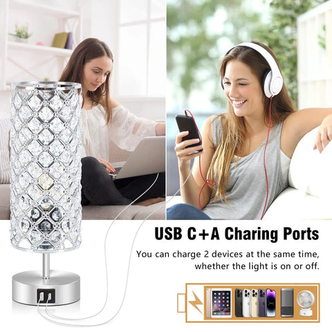 Crystal Touch Table Lamps Set of 2 With USB C and USB A Charging Ports, 3-Way Dimmable Nightstand Lamps with users charging devices