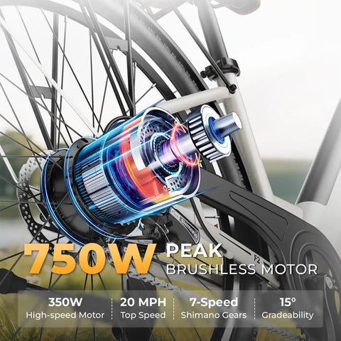 Adult Electric Bike For Daily City Hops, 26 Inch Step-Through Ebike With 350W Brushless Motor, 750W Peak Power, Top Speed Up To 20 MPH, 30-50 Mile Range, Removable Waterproof Battery, Smooth And Easy Ride rear wheel motor close-up
