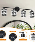 4 Light Matte Black Vanity Lights For Bathroom With Crystal Shade, Modern Wall Sconces Above Mirror, Dope Look For Bedroom