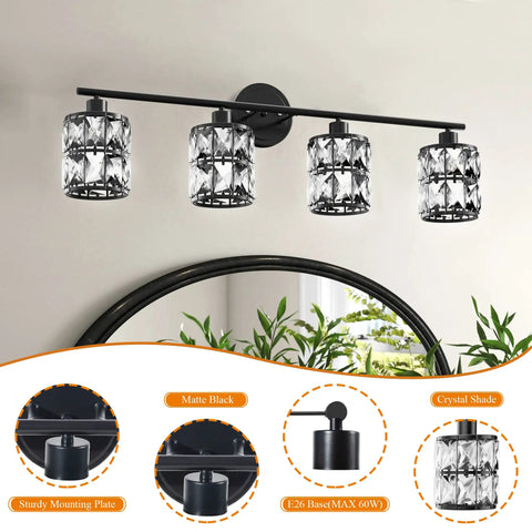 4 Light Matte Black Vanity Lights For Bathroom With Crystal Shade, Modern Wall Sconces Above Mirror, Dope Look For Bedroom