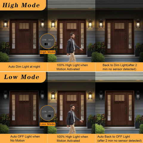 Smart Motion Sensor Outdoor Wall Light With Dusk To Dawn Auto High Output On Motion Anti Rust Matte Black Wall Lantern modes