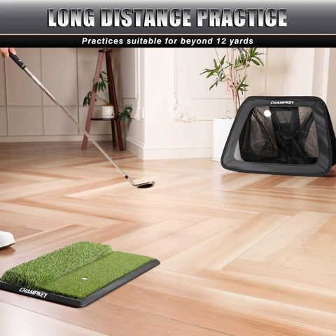 Double Sided Golf Chipping Net with Practice Mat and 12 Foam Balls setup indoors, showing dual turf mat and portable net for training.