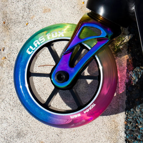 Top Shelf Pro Stunt Scooter Wheels 110Mm With Fast Rolling Abec 9 Bearings And Cnc Machined Aluminum Core Mid Rebound Polyurethane Shell Designed For Nailing Every Kick Flip Tricking Session Red Yellow Blue