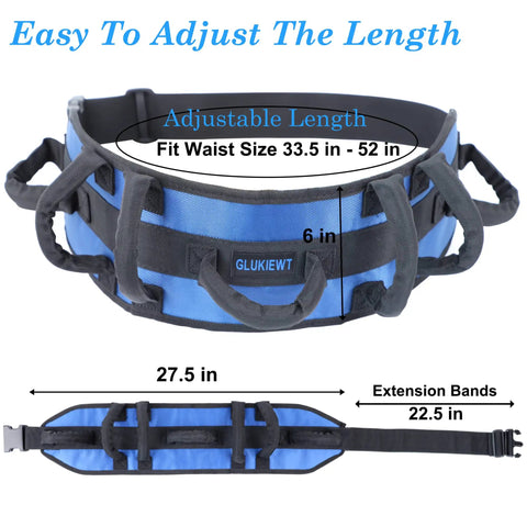 Padded Gait Belt With Seven Grips For Seniors, Non Slip Transfer Belt shown with adjustable waist 33.5 to 52 inches