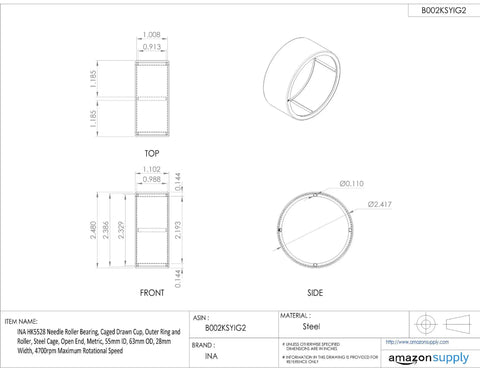 Heavy Duty HK5528 Needle Roller Bearing Drawn Cup Steel Cage 55 X 63 X 28 mm technical drawing with dimensions and material