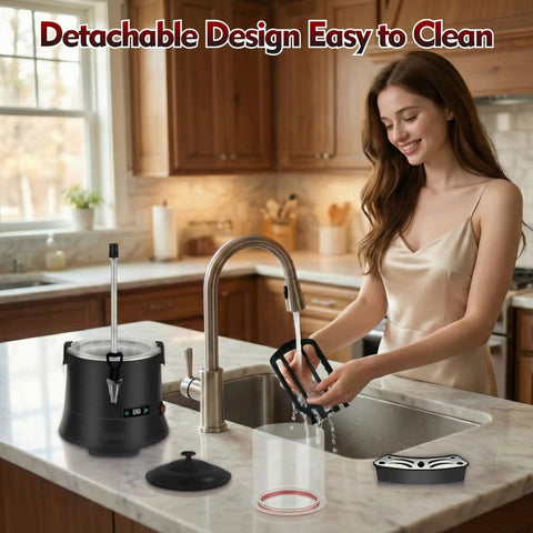 Pro Grade Commercial Hot Chocolate Machine And Beverage Warmer 10L Stainless Steel Dispenser shown with detachable components