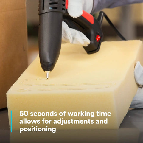 Using Hot Melt Adhesive 3792 AE Clear on foam for upholstery with glue gun, showcasing fast adjustments and positioning time.