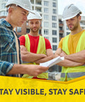 Construction workers wearing High Visibility Safety Vest 10 Pack Neon Yellow Mesh With Reflective Silver Strips on site.
