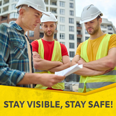 Construction workers wearing High Visibility Safety Vest 10 Pack Neon Yellow Mesh With Reflective Silver Strips on site.
