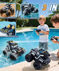 Two kids playing with 3 In 1 Amphibious RC Car Boat Water Gun With 2.4GHz Control All Terrain Waterproof Monster Truck by poolside