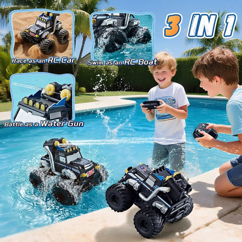 Two kids playing with 3 In 1 Amphibious RC Car Boat Water Gun With 2.4GHz Control All Terrain Waterproof Monster Truck by poolside