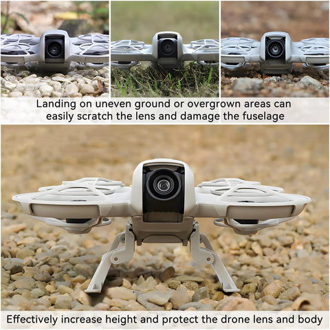Foldable Landing Gear Kit For DJI Neo Drone With Quick Release Legs, elevating drone on rocky and grassy terrain.
