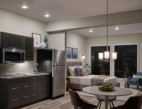 Modern kitchen with 7.5 Inch White LED Downlight Flush Mount Ceiling Light, Dimmable, Wet Rated, 3000K Warm White