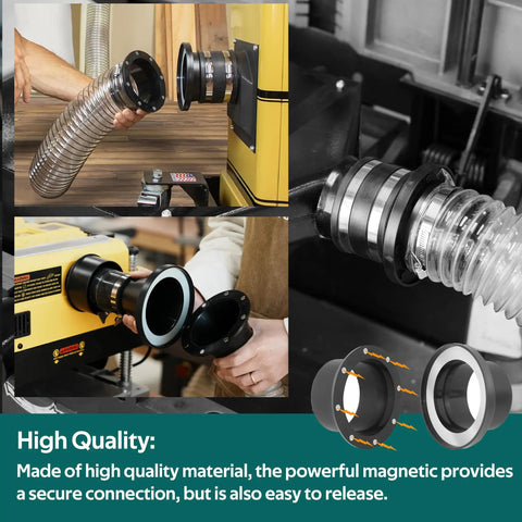 Shop Ready 4 Inch Magnetic Dust Collection Kit Featuring Quick Connect Couplers And Heavy Duty Hose Clamps For Lightning Fast Tool Swaps And Trouble Free Workspaces - close-up of magnetic couplers and hose attachment.