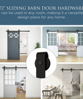 Designer Interior Barn Door Hardware Kit 72 Inch Matte Black Sliding Track With Soft Close Rollers showcasing various installation styles.