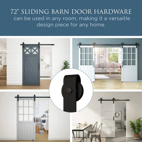Designer Interior Barn Door Hardware Kit 72 Inch Matte Black Sliding Track With Soft Close Rollers showcasing various installation styles.