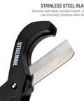 Close-up of PVC Pipe Cutter Tool With Stainless Steel Blade For 2 Inch Tubes Heavy Duty Steel Body, showing blade detail and durability.