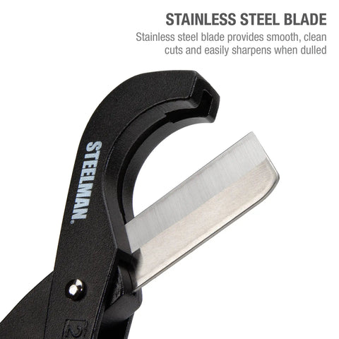 Close-up of PVC Pipe Cutter Tool With Stainless Steel Blade For 2 Inch Tubes Heavy Duty Steel Body, showing blade detail and durability.
