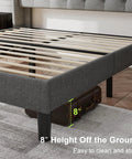 Super Solid Queen Bed Frame With Upholstered Wingback Headboard And Heavy Duty Wooden Slats Support, Noise Free Platform Bed With No Sweat Setup And Darn Good Build Quality, Light Gray viewed from the side showing 8 inch under-bed clearance.