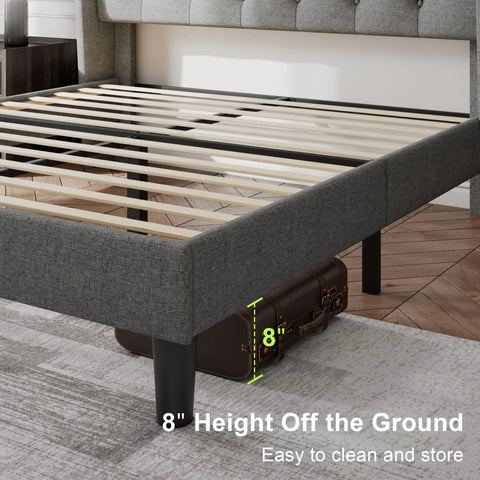 Super Solid Queen Bed Frame With Upholstered Wingback Headboard And Heavy Duty Wooden Slats Support, Noise Free Platform Bed With No Sweat Setup And Darn Good Build Quality, Light Gray viewed from the side showing 8 inch under-bed clearance.