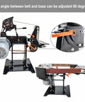 Heavy Duty Belt Sander With Variable Speed And Flip Orientations showing adjustable 90-degree angle between belt and base.